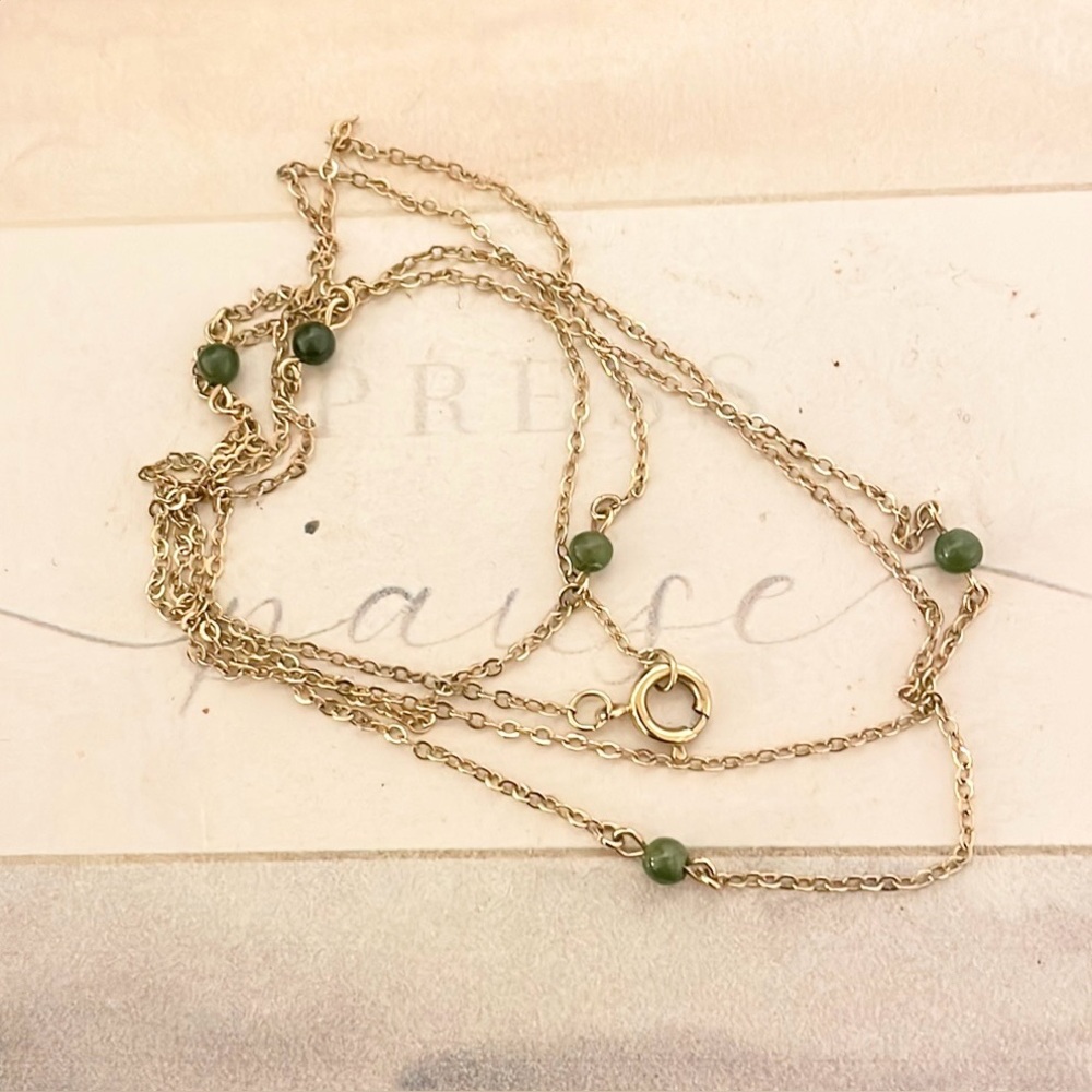 Green & Gold necklace - 34” gold chain with green beads.